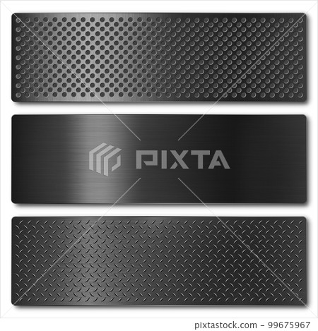 Various realistic black metal banners collection. Brushed steel or aluminium plate, panel with screws. Polished metal surface. Old grunge texture with scratches. Vector illustration 99675967