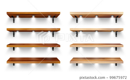 Realistic wooden store shelves with wall mount and lighting, spotlights. Empty product shelf, grocery wall rack. Mall and supermarket furniture, bookshelf. Interior design. Vector illustration Realistic wooden store shelves with wall mount and lighting, spotlights. Empty product shelf, grocery wall rack. Mall and supermarket furniture, bookshelf. Interior design. Vector illustration 99675972