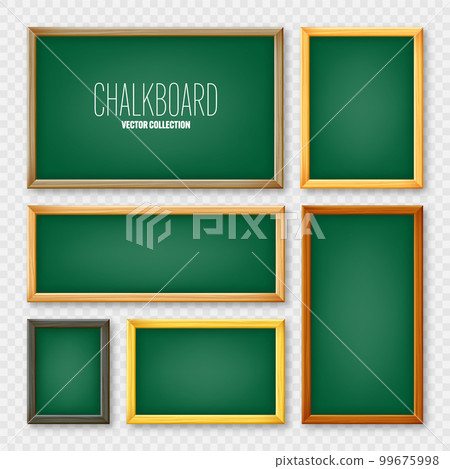 Realistic various chalkboards in a wooden frame. Green restaurant menu board. School blackboard, writing surface for text or drawing. Blank advertising or presentation boards. Vector illustration Realistic various chalkboards in a wooden frame. Green restaurant menu board. School blackboard, writing surface for text or drawing. Blank advertising or presentation boards. Vector illustration 99675998