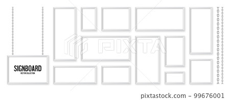 White signboards hanging on a metal chain. Restaurant menu board. Modern poster mockup. Blank photo or picture frame. Advertising or presentation boards. Street banner. Vector illustration 99676001