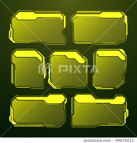 Yellow futuristic HUD, UI elements. Sci-fi user interface text boxes, callouts. Warning message frames, information boxes template. Modern game interface layout in digital style. Vector illustration 99676013