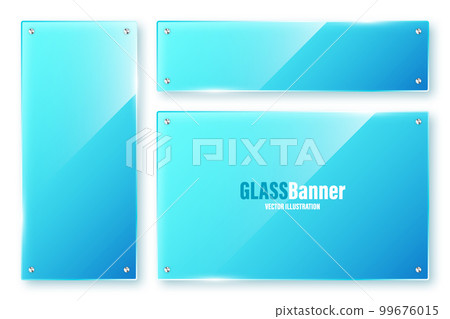Realistic isolated glass frames collection. Blue transparent glass banners with flares and highlights. Glossy acrylic plate, element with light reflection and place for text. Vector illustration 99676015