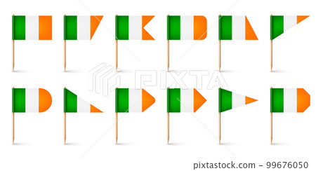 Realistic various Irish toothpick flags. Souvenir from Ireland. Wooden toothpicks with paper flag. Location mark, map pointer. Blank mockup for advertising and promotions. Vector illustration Realistic various Irish toothpick flags. Souvenir from Ireland. Wooden toothpicks with paper flag. Location mark, map pointer. Blank mockup for advertising and promotions. Vector illustration 99676050