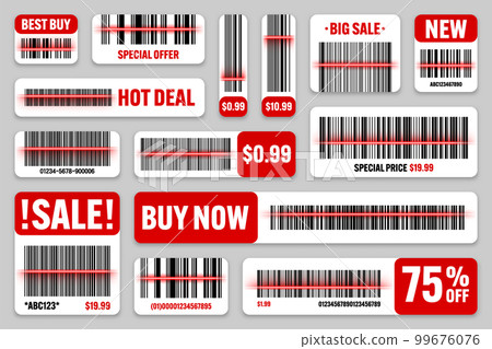 Set of product barcodes with red scanning line. Sale stickers, discount label or promotional badge. Serial number, product ID. Store or supermarket scan labels, price tag. Vector illustration 99676076