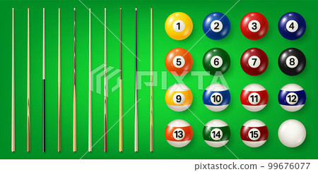Colorful billiard balls with numbers and various pool cues on green background. Glossy snooker ball. Sports equipment. Vector illustration 99676077