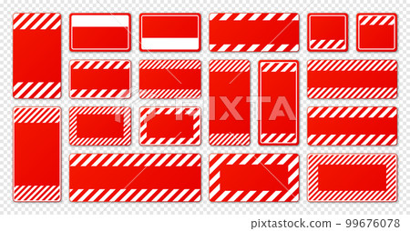 Various blank red warning signs with diagonal lines. Attention, danger or caution sign, construction site signage. Realistic notice signboard, warning banner, road shield. Vector illustration 99676078