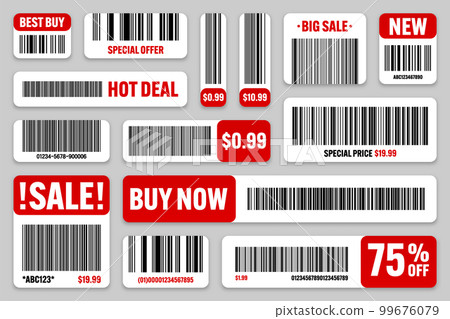 Set of product barcodes. Special offer, sale stickers, shopping discount label or promotional badge. Serial number, product ID. Store or supermarket scan labels, price tag. Vector illustration Set of product barcodes. Special offer, sale stickers, shopping discount label or promotional badge. Serial number, product ID. Store or supermarket scan labels, price tag. Vector illustration 99676079