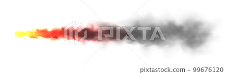 Realistic black smoke with fire, space rocket launch trail. Fire burst, explosion. Missile or bullet trace. Jet aircraft track. Smoke clouds, fog. Steam flow. Vector illustration 99676120