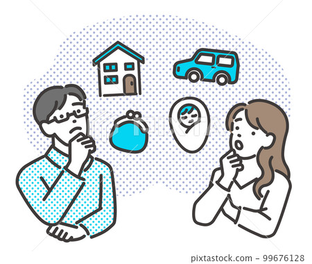 Vector illustration material of a couple who are worried about the future, such as their own home, car, money, etc. / family / couple Vector illustration material of a couple who are worried about the future, such as their own home, car, money, etc. / family / couple 99676128