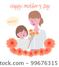 For Mother's Day, a cartoon of a child presenting a bouquet to his mother 99676315