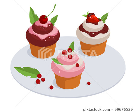 Isometric cupcakes. Sweet pastry muffins, delicious chocolate and vanilla desserts with berries 3d vector illustration set 99676529