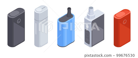 Isometric electronic cigarettes. Vape box and tobacco heating system, digital e-cigarette, vape smoke accessories 3d vector illustration set 99676530