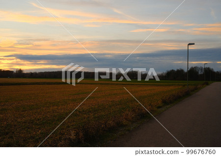 Field along a road against a scenic sunset sky in Meerbusch, Germany 99676760