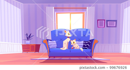 Cat and kitten play on sofa in living room vector 99676926