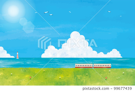 夏天天空、草原和火車山水水彩畫 99677439