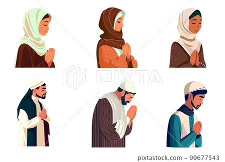 set vector illustration of muslim people praying ramadan concept 99677543
