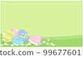 Easter background illustration Eggs with a rabbit pattern and a field where spring flowers bloom 99677601