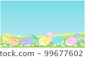 Easter background illustration Eggs with a rabbit pattern and a field where spring flowers bloom 99677602