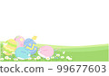 Easter background illustration Eggs with a rabbit pattern and a field where spring flowers bloom 99677603