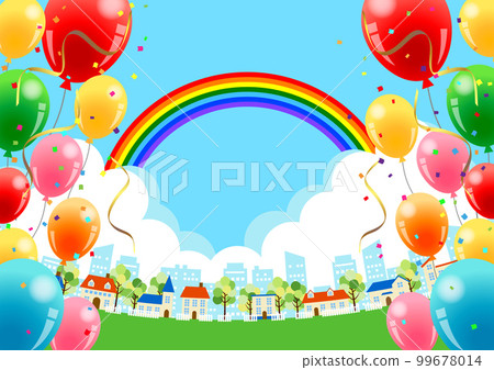 Lively cityscape background horizontal of early summer with rainbow and balloons Lively cityscape background horizontal of early summer with rainbow and balloons 99678014