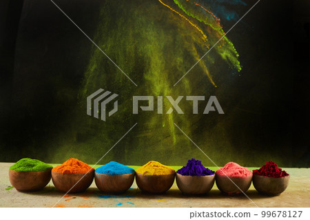 Colorful traditional Holi powder in bowls. Happy Holi. Concept Indian color festival. 99678127
