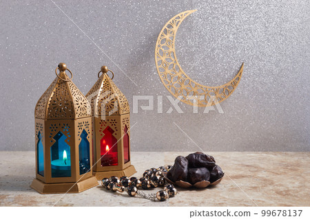 Muslim Holy Month Ramadan Kareem - Ornamental Arabic Lantern With Burning Candle 99678137