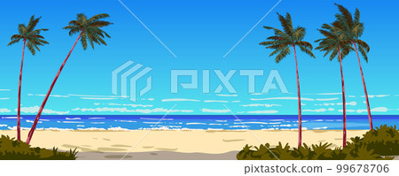 Ocean view on the sand beach, palms, seashore, horizon Ocean view on the sand beach, palms, seashore, horizon 99678706