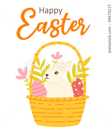 Easter card. Cute Easter card with a rabbit and eggs in a basket. Vector illustration. Flat hand drawn style. Happy easter. 99679217