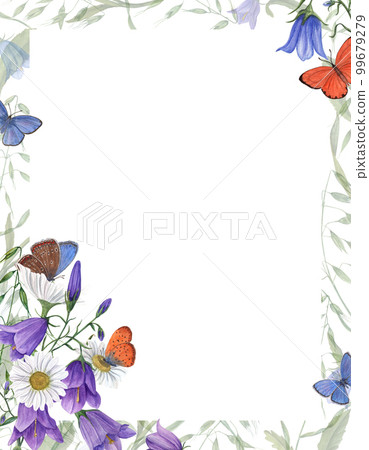 Watercolor flower card with daisy, campanula, butterflies. Template for postcard, Save the date, Valentine's day, birthday and mothers day cards, wedding invitation 99679279