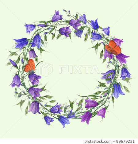 Watercolor wreath with campanula, wild oats isolated on green background. Hand painting for postcard design, invitation template, Valentine day, birthday, mother day cards, wedding invitation 99679281