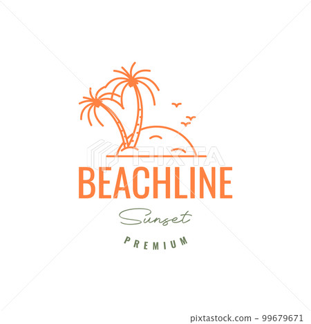beach sea seashore sunset coconut trees birds colony lines hipster logo design vector icon beach sea seashore sunset coconut trees birds colony lines hipster logo design vector icon 99679671