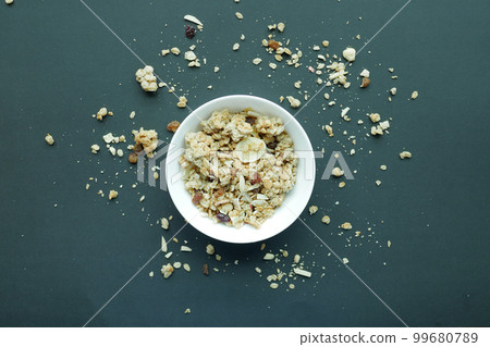 Home Made Musli in a bowl on black, Home Made Musli in a bowl on black, 99680789