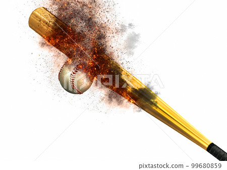 運動概念中棒球和球棒碰撞的 3D 插圖合成火焰效應 99680859