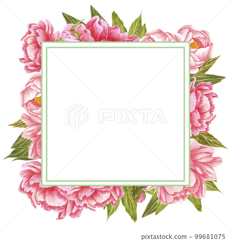 Handdrawn Watercolor pink peony flowers frame with green leaves and buds on the white background. Scrapbook design, wedding invitation, label, banner, post card. Handdrawn Watercolor pink peony flowers frame with green leaves and buds on the white background. Scrapbook design, wedding invitation, label, banner, post card. 99681075