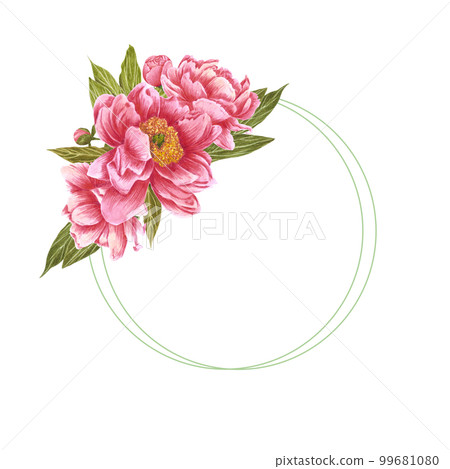 Handdrawn Watercolor pink and red peony flowers frame with green leaves and buds on the white background. Scrapbook design, wedding invitation, label, banner, post card. Handdrawn Watercolor pink and red peony flowers frame with green leaves and buds on the white background. Scrapbook design, wedding invitation, label, banner, post card. 99681080