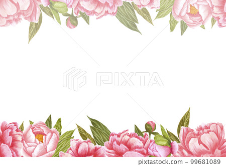 Handdrawn Watercolor pink peony flowers frame with green leaves and buds on the white background. Scrapbook design, wedding invitation, label, banner, post card. 99681089