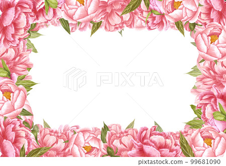 Handdrawn Watercolor pink and cream peony flowers frame with green leaves and buds on the white background. Scrapbook design, wedding invitation, label, banner, post card. 99681090