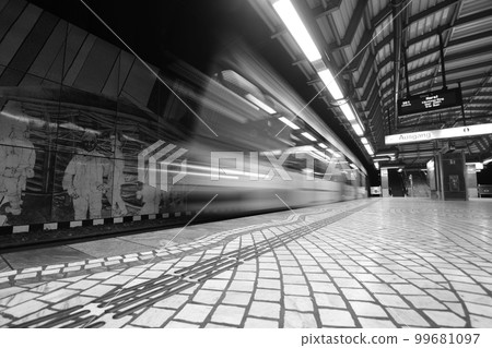 Greyscale long shutter speed shot of an empty metro station in Gelsenkirchen, Germany 99681097