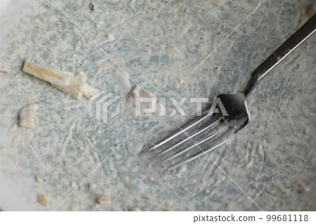 Empty plate after eating on table  99681118
