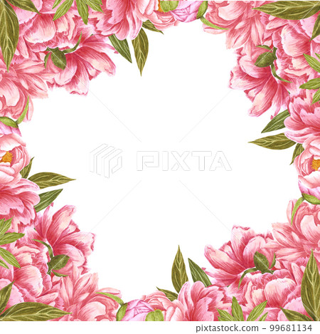 Handdrawn Watercolor red and cream peony flowers frame with green leaves and buds on the white background. Scrapbook design, wedding invitation, label, banner, post card. Handdrawn Watercolor red and cream peony flowers frame with green leaves and buds on the white background. Scrapbook design, wedding invitation, label, banner, post card. 99681134
