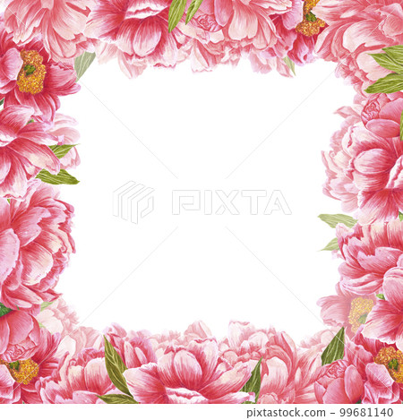 Handdrawn Watercolor pink and red peony flowers frame with green leaves and buds on the white background. Scrapbook design, wedding invitation, label, banner, post card. Handdrawn Watercolor pink and red peony flowers frame with green leaves and buds on the white background. Scrapbook design, wedding invitation, label, banner, post card. 99681140