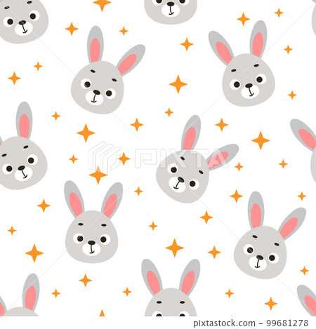 Cute little hare head seamless childish pattern. Funny cartoon animal character for fabric, wrapping, textile, wallpaper, apparel. Vector illustration Cute little hare head seamless childish pattern. Funny cartoon animal character for fabric, wrapping, textile, wallpaper, apparel. Vector illustration 99681278