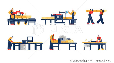Sawmill workers cartoon characters collection flat vector illustration isolated. Sawmill workers cartoon characters collection flat vector illustration isolated. 99681339