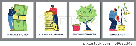 Growing money and financial management cards or posters, flat vector illustration. Growing money and financial management cards or posters, flat vector illustration. 99681345