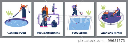 Pool maintenance, cleaning and repair service cards flat vector illustration. 99681373