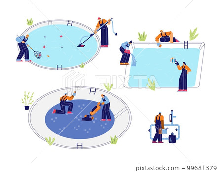 Swimming pool maintenance service workers flat vector illustrations isolated. 99681379
