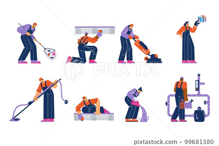 Professional pool cleaning service workers set, flat vector illustration isolated on white background. 99681380