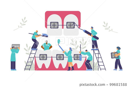Group of orthodontists installing braces and cleaning teeth, abstract flat vector illustration isolated on white. 99681588
