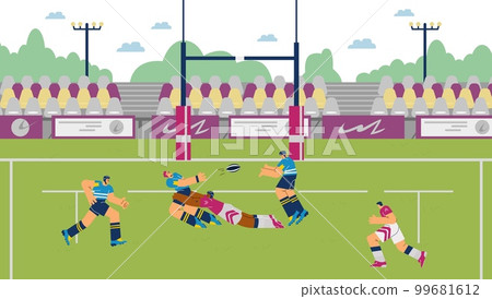 Stadium field with rugby league teams match, flat cartoon vector illustration. Stadium field with rugby league teams match, flat cartoon vector illustration. 99681612