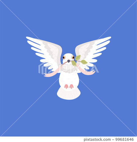White flying pigeon flying and holding in beak pink ribbon and twig front view flat style White flying pigeon flying and holding in beak pink ribbon and twig front view flat style 99681646